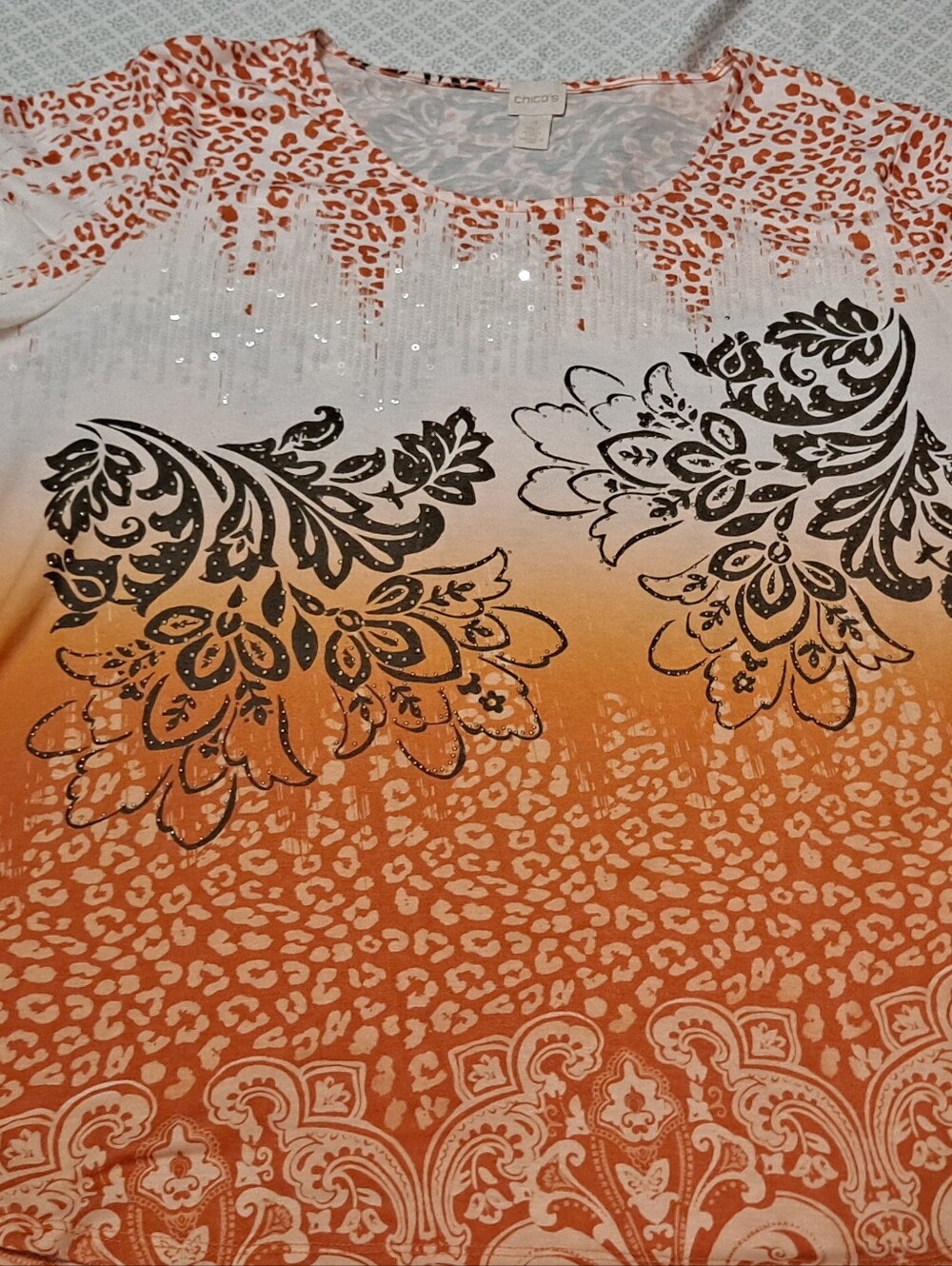 Chico's Orange Ombre Floral & Scroll Print Top with Black Accents Sz 4